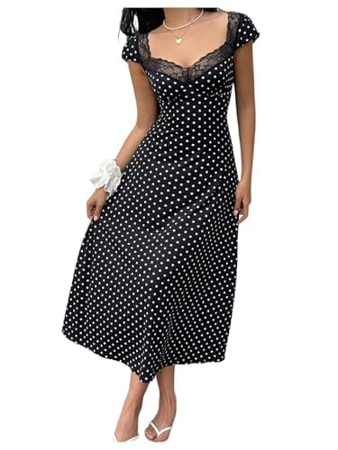 Milumia Women's Polka Dots Lace Trim Maxi Dress Sweetheart Neck Short Sleeve A Line Dresses Black and White Large - Image 1