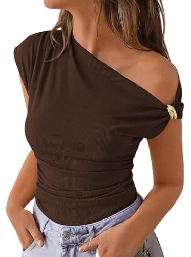 PRETTYGARDEN Womens Summer Off The Shoulder Crop Tops Ribbed Going Out Fitting T Shirts Trendy Spring Y2k Clothes 2026(Brown,XX-Large) - Image 1