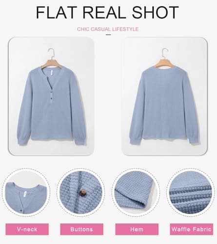 Dokotoo Spring Tops for Women 2026 Casual V Neck Long Lantern Sleeve Blue Waffle Knit Blouse Fashion Button Down Shirts Loose Fit Boyfriends Oversized Spring Clothes Medium - Thumbnail 4