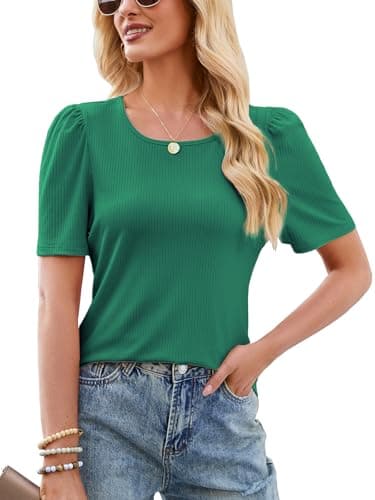 IYICLOTH Women's Puff Short Sleeve Tops Casual Spring Summer Textured Tees Crewneck T-Shirts Ribbed Knit Solid Blouses Trendy,L Green - Image 1