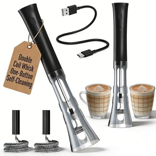 Milk Frother Handheld, Low Noise Rechargeable Frother Wand with Stand, Stainless Steel Shaft for Stability Stirrers Electric, Anti-Accidental Start Design, Coffee Mixer with 2 Double Coil Whisks - Image 1