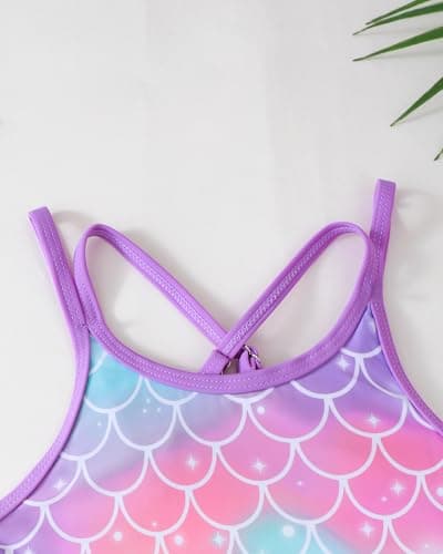 sweetabby Girls Swimsuit Toddler Bathing Suit Purple Mermaid Swimsuit Girl Cover Up Swim Dress with Shorts 2 Piece Tankini Set Kids Swimwear Size 6 7 - Thumbnail 4