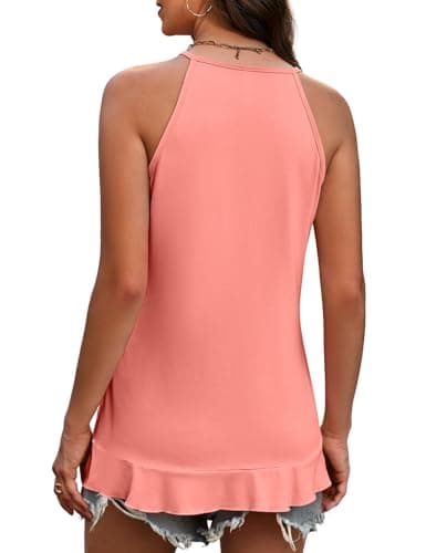 JUSTFASHIONNOW Womens Halter Tank Top Dressy Casual High Neck Tank Camisole Tops Flowy Ruffle Hem Sleeveless Summer Blouses Beach Vacation Clothes (Coral,Large) - Thumbnail 6