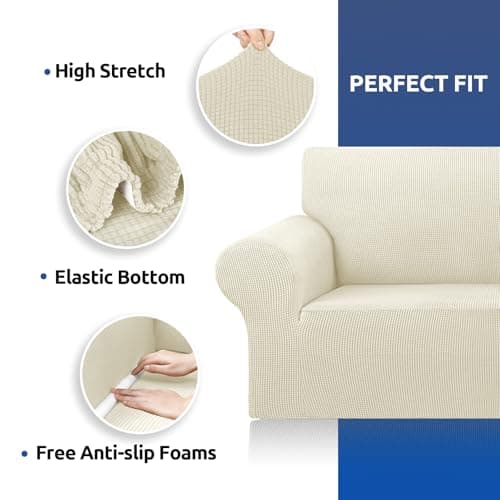 KEKUOU Stretch Loveseat Sofa Cover Slipcover,Couch Covers for 2 Cushion Couch Sofa (55"-78") Furniture Protector Sofa with Elastic Bottom for Kids,Dog. Jacquard Small Checked(Medium,Beige) - Thumbnail 6