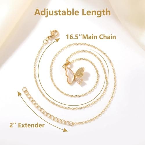 14K Gold Plated Dainty Pendant Butterfly Necklace,Dazzling 3 Layer Gold Plated Butterfly Pendant Necklace for Women, Shiny Chain with Mother of Pearl Cubic Zirconia Golden Butterfly Necklace - Thumbnail 5