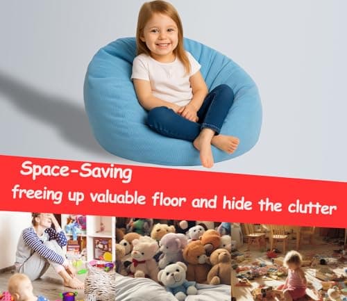 Stuffed Storage Bean Bag (No Filler) Keep Your Plush Toys More Organized Teens Children Lazy Playroom Perfect Ultra Soft Beanbag Washable Space Save Organizer Blue - Thumbnail 4