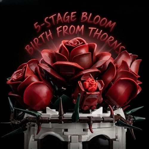 Gothic Horror Skull Flower Building Set, 5-Stage Blood Red Roses with Thorny Ivy, Skeleton Planter Display, Adult Building Block Sets for Home Decor, for Girlfriend - Thumbnail 5