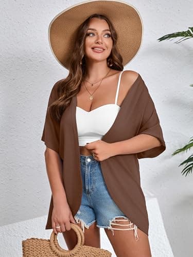 AusLook Women's Plus Size Short Sleeve Lightweight Open Front Cardigan Coffee 2X Cover Ups Shrugs Shawls and Wraps Kimono Jacket Coat - Thumbnail 3