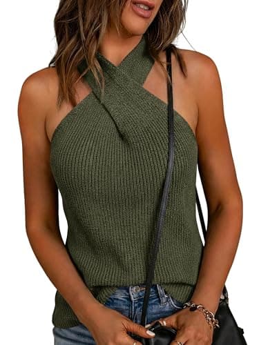 LaGracia Women's Halter Criss Cross Crochet Tops Knit Sleeveless Sweater for Women Tank Trendy Elegant Spring Summer Outfits 2026 ArmyGreen S - Image 1