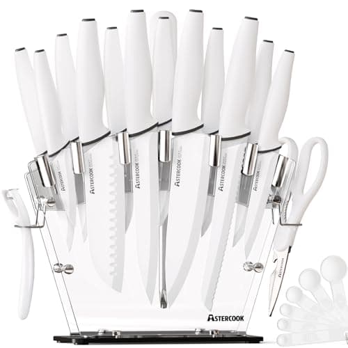 Astercook Knife Set with Block and Sharpener, 22 Piece Kitchen Knife Set Dishwasher Safe, Space-Saving Clear Knife Block with Knives for Everyday Home Cooking White - Image 1
