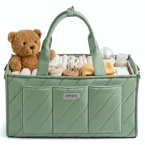 VKSAO Baby Essentials Diaper Caddy Organizer – Portable Storage Basket with Shoulder Strap & Stroller Hooks, Splashproof Quilted Nursery & Car Tote, Gender Neutral Gifts for Baby Shower, Sage Green - Image 1