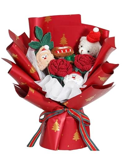FLOLVISOU Christmas Flowers Artificial Crochet Flower Bouquet Knitted Flowers Red Green Handmade Bouquet Flowers Gifts for Lover Christmas Women Boys Girls Girlfriends