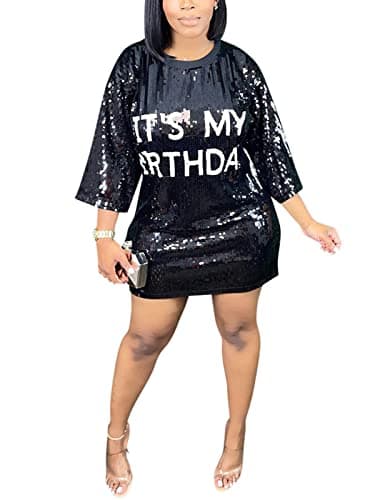 Fawjsais Womens Sequin T Shirt Dress Round Neck 3/4 Sleeve Jersey Dresses Sexy Letter Print Glitter Outfit Black S - Image 1