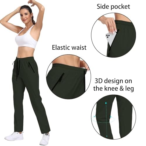 Womens Hiking Pants Water Resistant Quick Dry UPF 50+ Cargo Zipper Pockets Sweatpants Elastic Waist Drawstring Lightweight Work Casual Outdoor Army Green M - Thumbnail 5