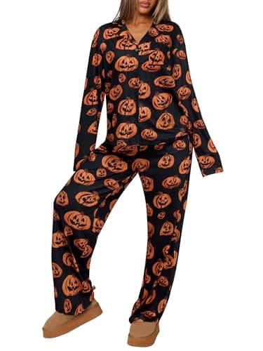 REORIA Funny Halloween Pajamas Women Button Up 2 Piece Pajama Set Sleepwear Black Pumpkin Small - Image 1
