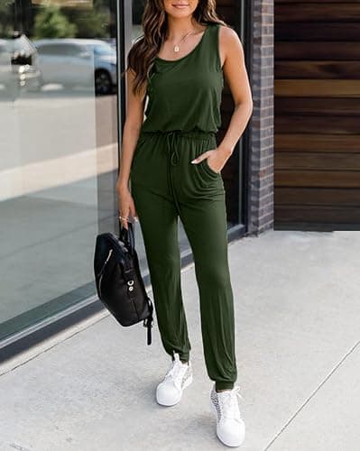 KIRUNDO Women 2025 Summer Jumpsuits Casual Sleeveless Drawstring Elastic Waist Romper Vacation Cruise Airport Travel Outfits(Small, Army Green) - Thumbnail 3
