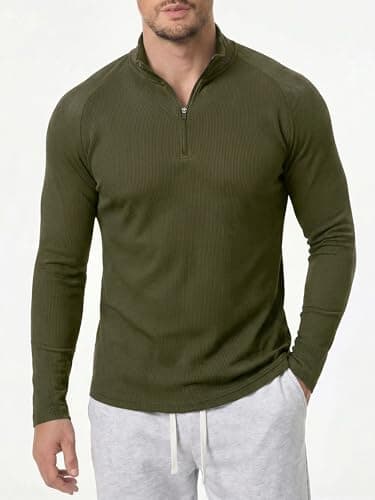 JMIERR Mens 1/4 Zip Pullover Slim Fit Ribbed Athletic Running Muscle Shirts Breathable Stretch Flexible Pullover Long Sleeve T Shirt, Small, A Jungle Green - Thumbnail 2