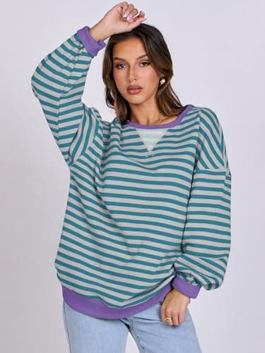 ANRABESS Women’s Striped Oversized Sweatshirts Crew Neck Long Sleeve Shirts Soft Color Block Pullover Top Fashion Clothing Green Grey Large - Thumbnail 4