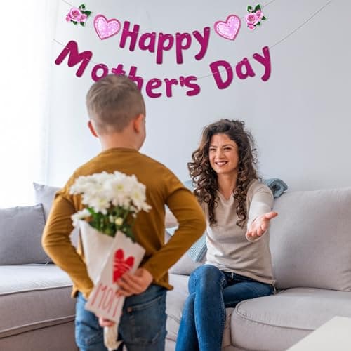 Oeyliz Happy Mother's Day Banner Mother's Banner Glitter Mom's Garland Sign DIY Mom Day Decorations Pink Flowers and Heart Patterns Outdoor Indoor Home Hanging Decorations Party Supplies - Thumbnail 4