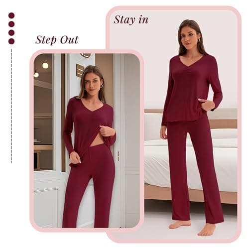 Navisting Women's Cool Pajamas Set Lightweight Sleepwear V-Neck Top and Pants Long Sleeve Two Piece Loungewear Elegant Wavy Hem Burgundy M - Thumbnail 6