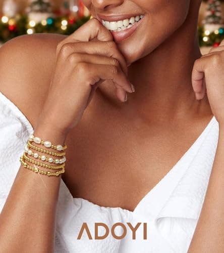 adoyi Gold Bracelets for Women, 14K Gold Plated Beaded Bracelets Stack Trendy Stackable Bracelet Set Strand Stretch Pearl Ball Bracelet Bracelet Set Jewelry for Gifts Set for Women Gift - Thumbnail 2