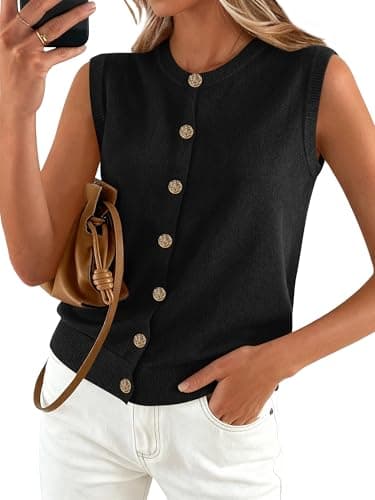 BTFBM Sweater Vest Women Casual Crewneck Loose Button Down Knit Sleeveless Cardigan 2026 Spring Clothes Summer Vest Tops(Black, X-Large) - Image 1