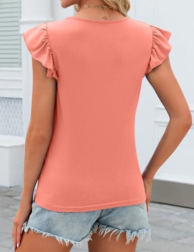 JUSTFASHIONNOW Ruffle Short Sleeve Tops for Women Cute Summer Shirts Dressy Casual Blouses Crew Neck Tshirts 2026 Trendy Clothes(Coral,Medium) - Thumbnail 3