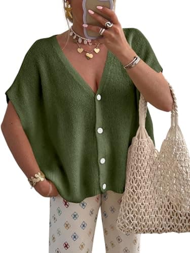 PRETTYGARDEN Womens 2026 Cute Summer Tops Oversized Short Sleeve Button Down Lightweight Sweaters for Women Trendy Outfits (Army Green, X-Large) - Image 1