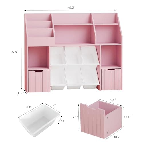 Wooden Wide Bookshelf,Tiered Bookshelves,with 2 Mobile Drawers on Wheels and 6 Removable Storage Baskets,Anti-tip Design,Suitable for Living Rooms,Bedrooms and Game Rooms (Tiered bookshelf-Pink-02) - Thumbnail 2