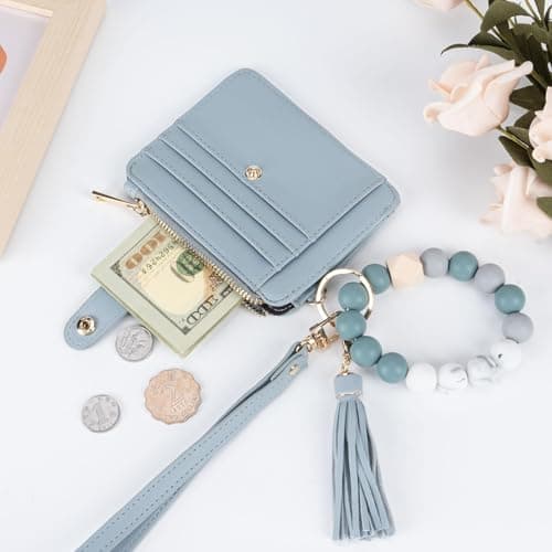Airkit Wristlet Wallets for Women, Keychain RFID Blocking Credit Card Holder, Small Girly Wallet with Bracelet, Silicone Beaded Tassel Key Ring Card Holder, Light blue - Thumbnail 6