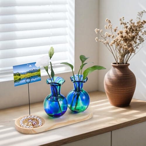Pozfun Hand Blown Glass Plant Propagation Stations Plant Terrarium Wooden Stand for Hydroponic Plants Combine Jewelry Tray and Photo Holder Office Home Garden Decor - 2 Bulb Glass Vases - Thumbnail 5