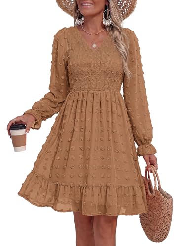 BTFBM Summer Dresses for Women 2026 Long Sleeve Casual V Neck Swiss Dot Smocked Ruffle Chiffon Flowy Mini Spring Dress(Khaki, Medium) - Image 1