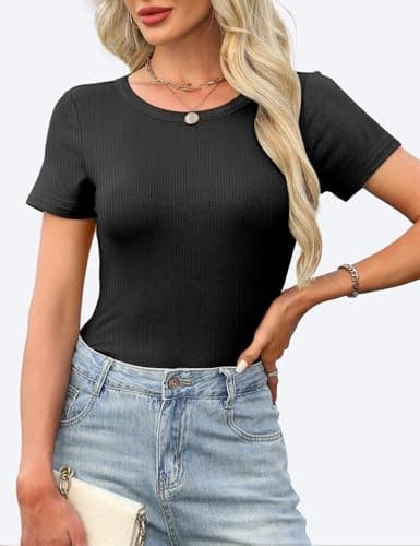GKBK Womens Short Sleeve Tops Crew Neck Ribbed Slim Fitted Tight Layering Top Basic Tee Shirts Cute Summer Tops Casual Spring Outfits 2026 Trendy Black - Thumbnail 5