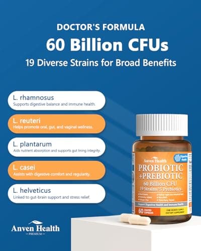 Anven Health 60 Billion Probiotic and Prebiotic for Women and Men - 19 Strains 5 Organic Prebiotics for Gut Digestive & Immune Health, Supports Diarrhea Gas Bloating, Non-GMO – Made in USA丨60 Caps - Thumbnail 4