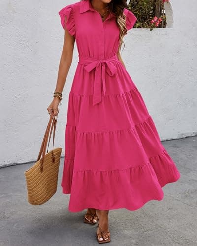 dowerme Women's Summer Casual Dresses 2026 Cap Ruffle Sleeve V Neck Button Belted Tiered Boho Maxi Dress with Pockets(Rose Red,Large) - Thumbnail 2