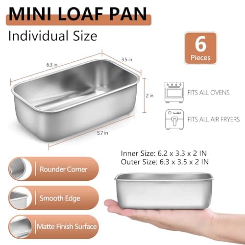 LIANYU 6 Pack Mini Loaf Pan Tins for Baking Bread, 6.3 x 3.5 Inch Stainless Steel Small Bread Loaf Pan for Homemade Meatloaf, Tin Loaf Baking Pan Perfect for Banana Sourdough Sandwich, Dishwasher Safe - Thumbnail 2