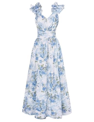 GRACE KARIN 2026 Women's Summer Floral Print Sleeveless Long Casual Flowy A Line Ruffle Wedding Guest Maxi Dress Blue Green 2XL - Image 1
