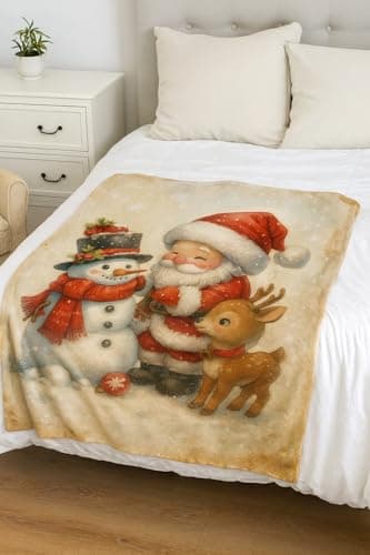 Carastora Flannel Blanket Featuring Santa Claus, Snowman, and Reindeer Patterns. Soft and Comfortable, Suitable for Sofas and beds. Warm and Lightweight, a Perfect Holiday Decoration.50 x 60 in. - Thumbnail 3