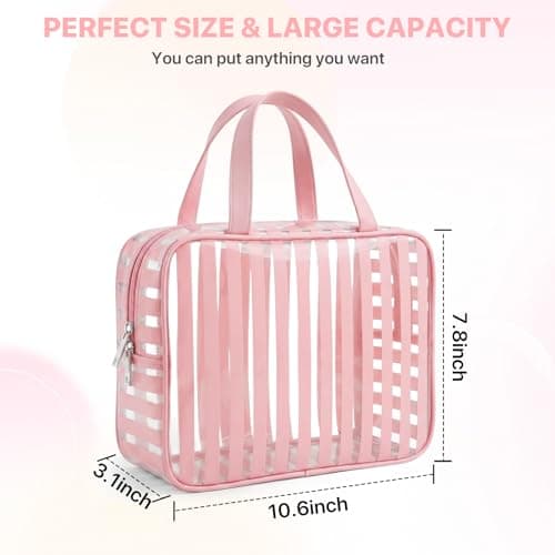 Edelefas Clear Pink Striped PVC Makeup Bag, Large 10.2 x 7.9 x 3.1 Inch Waterproof Travel Toiletry Bag with Handle, TSA Approved Clear Cosmetic Organizer for Travel Gym Bathroom - Thumbnail 4