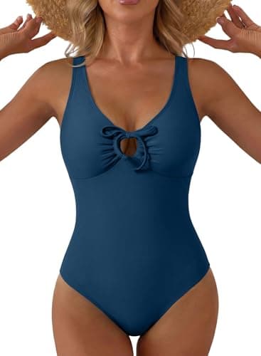 Aleumdr One Piece Swimsuit for Women Tummy Control Push Up V Neck Cutout Bathing Suit Sexy High Cut Swimwear Sail Blue Small