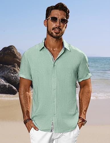 PJ PAUL JONES Men's Button Down Short Sleeve Shirt Casual Summer Beach Textured Wedding Shirts Light Green - Thumbnail 2