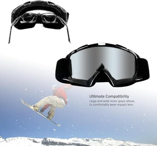 ActHose OTG Ski Goggles Snowboard Goggles for Men Women Anti Fog Over The Glasses Snow Goggles 100% UV400 Protection sandstorms strong winds and fog Black frame and Silver lens - Thumbnail 3