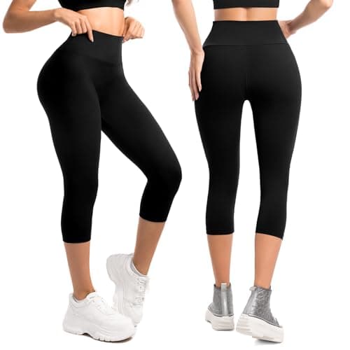 Leafigure 2-Pack Capri Leggings for Women, High Waisted Soft Yoga Pants for Gym Workout Black S-M - Thumbnail 2