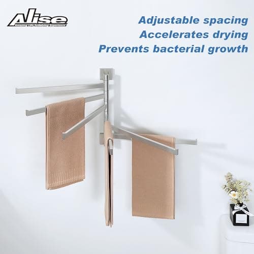 Alise Swivel Towel Rack, 6-Arm Towel Bar, Space Saving Towel Rack Wall Mount Drying Towel Holder, Swing Out Towel Holder for Bathroom Kitchen Toilet, Square SUS304 Stainless Steel, Brushed Nickel - Thumbnail 3