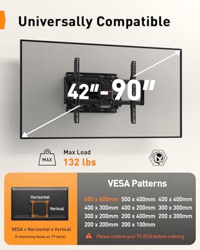 Perlegear UL Listed Full Motion TV Wall Mount for 42-90" TVs up to 132lbs, Heavy Duty TV Mount with Dual Articulating Arms, Tool-Free Smooth Tilt, Swivel, Fits 16" Studs, Max VESA 600x400mm, PGLF8 - Thumbnail 2