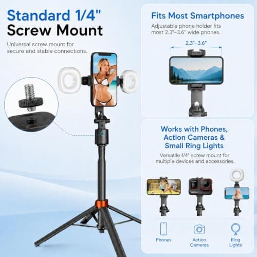 70" Auto Face Tracking Phone Tripod with Fill Light, 360° Rotating Smart Shooting Stand with Remote Control, No App Required for Vlogging, TikTok Live, YouTube & Video Recording - Thumbnail 6