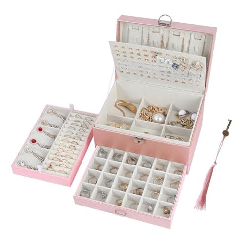 BOOVO Earring Jewelry Box For Women Girl Stud Organizer, 5 Layers Girl Jewelry Organizer Box With Lock Earring Holder Organizer Necklace Ring Jewelry Organizer Box For Girls (rose gold) - Image 1
