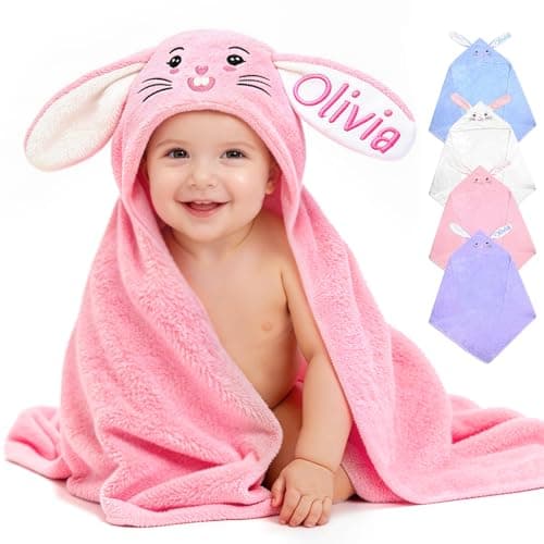 Individz Custom Hooded Bath Towel with Name, Personalized Highly Absorbent Bunny Towels, Baby Bath Towels for Girls Boys, Brithday Easter Gifts for Baby, Toddler, Newborn, Infant (Pink) - Image 1