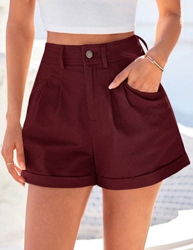PRETTYGARDEN High Waisted Shorts Women 2026 Summer Business Casual Trousers Pleated Tailored Cuffed Bottoms with Pockets(Wine Red,Medium) - Thumbnail 2
