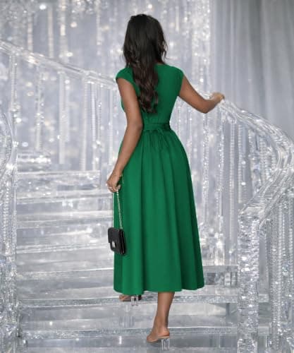 ABKY Womens Midi Dresses Deep V Neck Cap Sleeve Back- Tie A-Line Swing Dress with Pocket Party Foraml Date Night Prom Outfits Green XL - Thumbnail 4